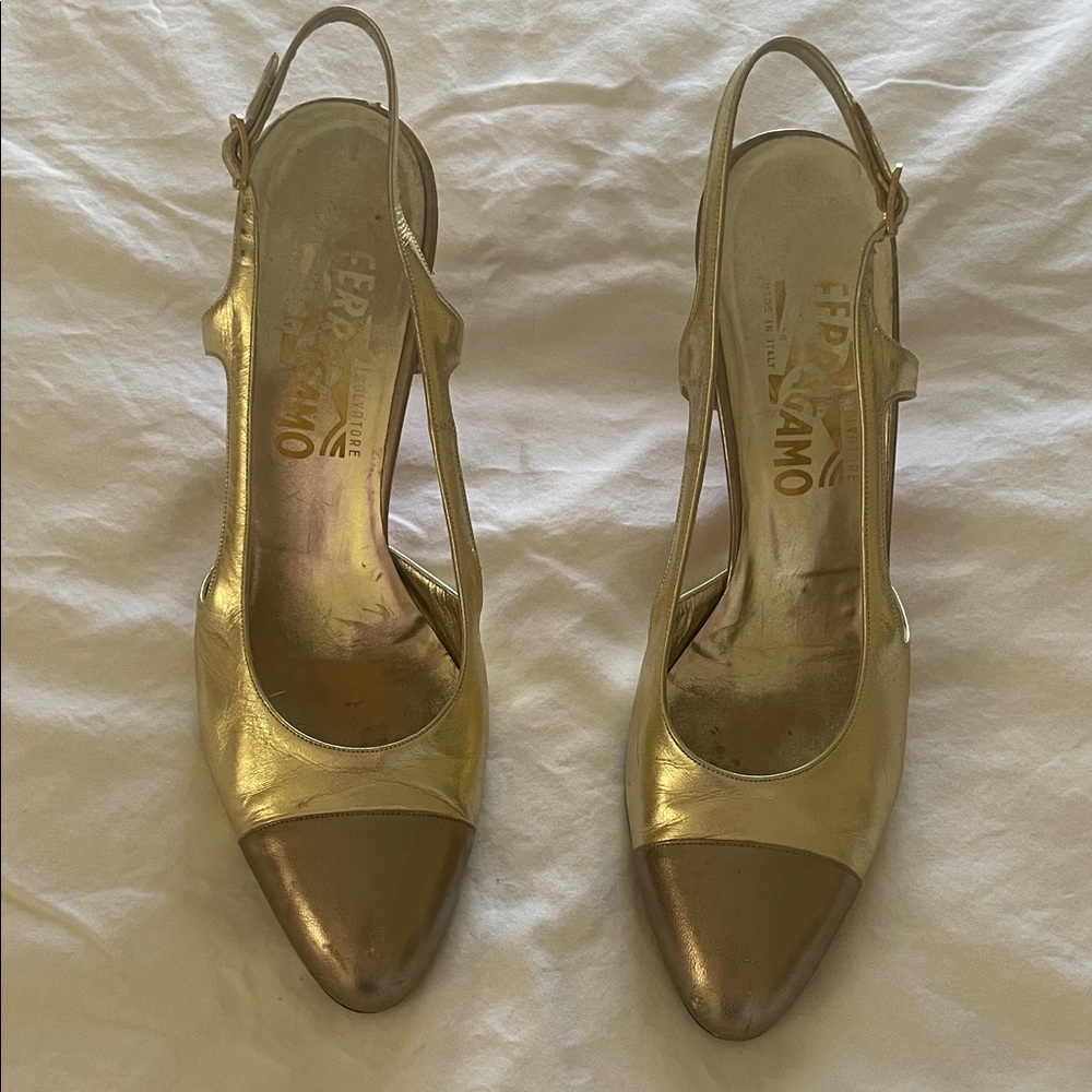 Salvatore Ferragamo Gold and Bronze Heels